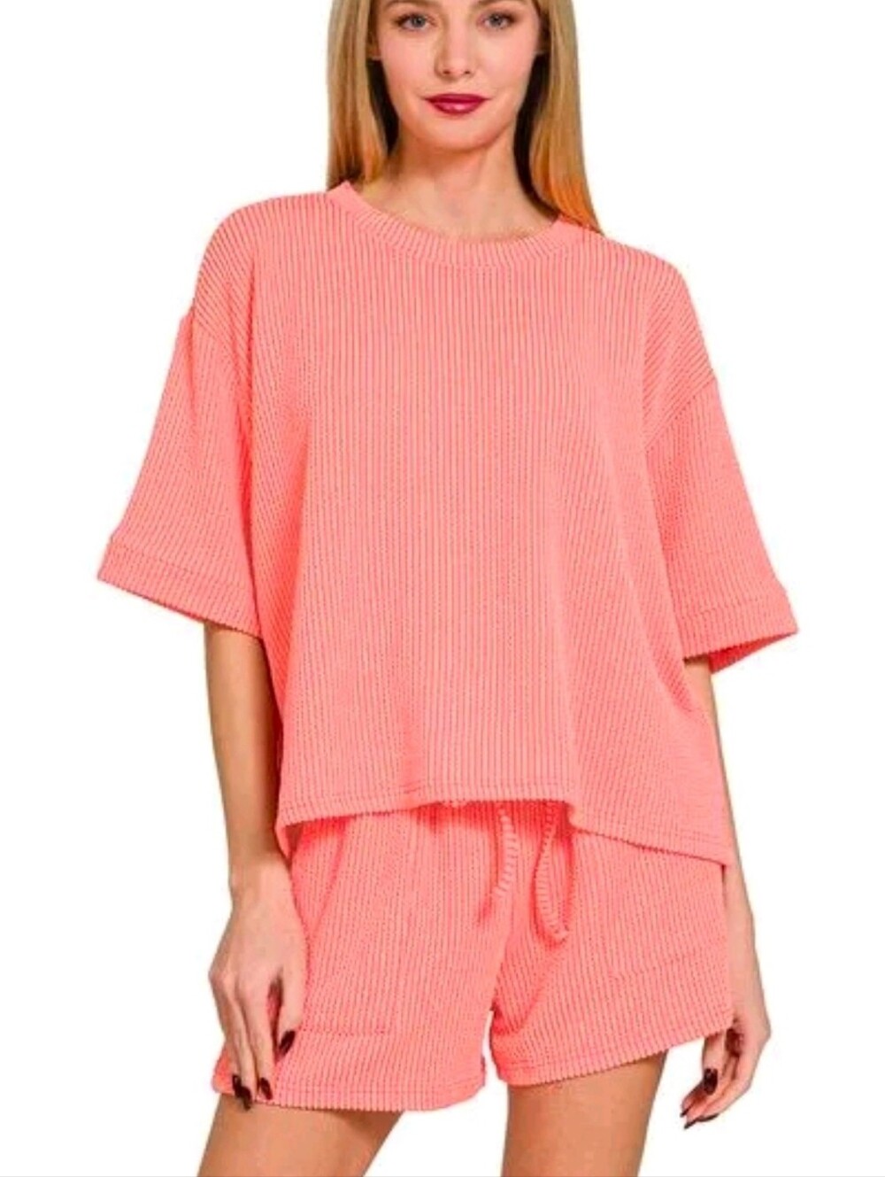 Relaxed Coral Pink Ribbed Knit Short Set - Women
